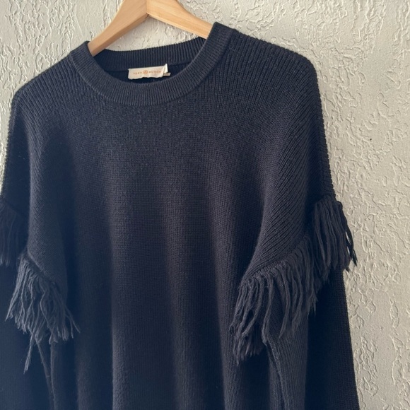Tory Burch Bristol Sweater Pullover Crew Black Alpaca Silk Knit Fringe Ribbed  L - Picture 8 of 12